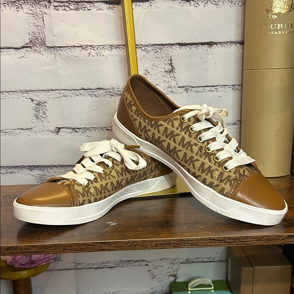 Michael Kors Shoes - Michael Kors Tan and White Monogram Sneakers